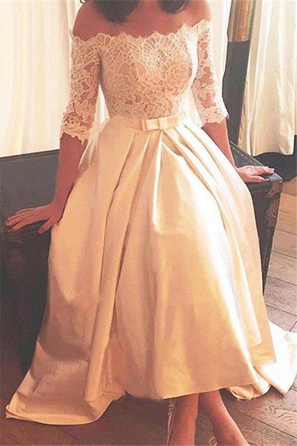 1/2 Sleeves Lace A Line Asymmetrical Sweep Train Satin Off the Shoulder Wedding Dresses-stylesnuggle