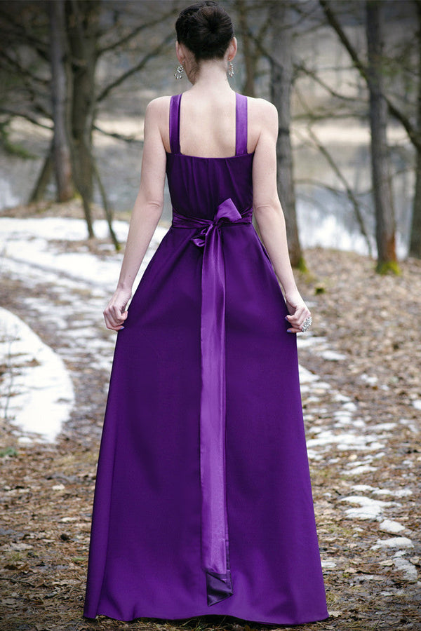 A-line Halter Floor Length Charmeuse Back-bow Evening Dress-stylesnuggle