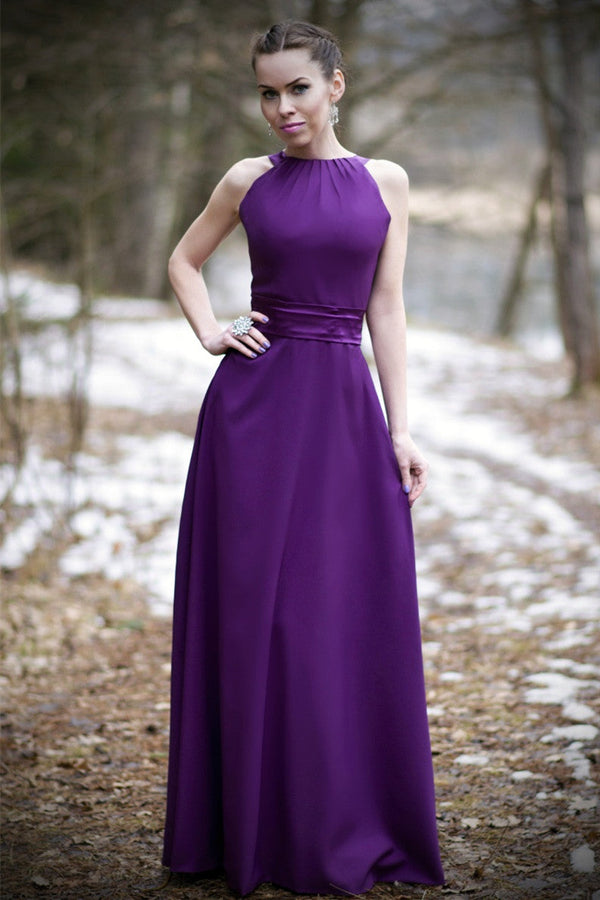 A-line Halter Floor Length Charmeuse Back-bow Evening Dress-stylesnuggle