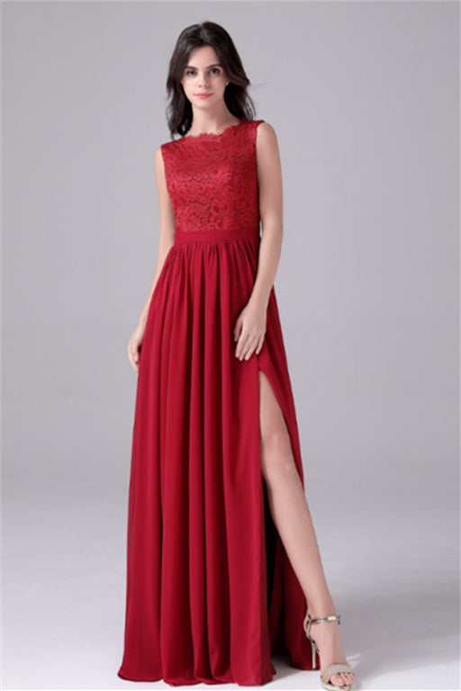 A-Line Jewel Lace Floor Length Sleeveless Backless High slit mother's dress-stylesnuggle