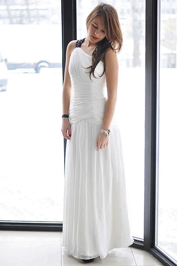 A-line One-shoulder Floor Length Chiffon Backless Wedding Dress-stylesnuggle