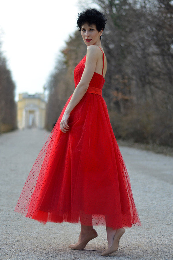 A-line One-shoulder Floor Length Sleeveless Tulle Evening Dress-stylesnuggle