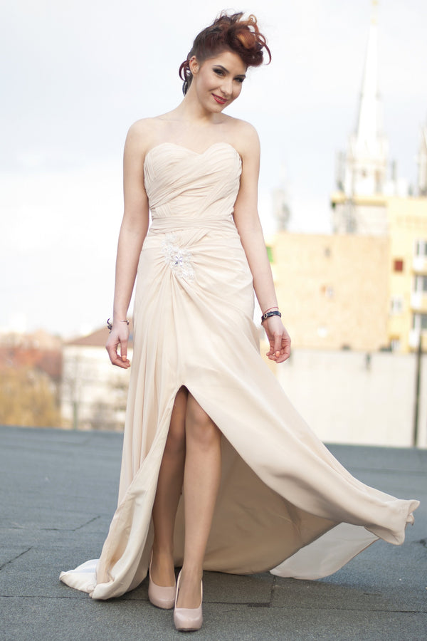 A-line Sweetheart Front Slit Floor Length Chiffon Applique Evening Dress-stylesnuggle