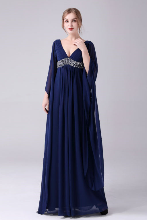 A-Line V-neck Floor Length Long sleeves Backless Sequined mother's dress-stylesnuggle