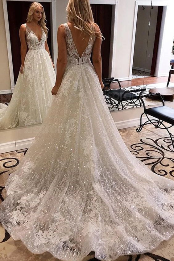 A-line V-neck Wide Strap Chapel Train Tulle Crochet Flower Wedding Dress-stylesnuggle