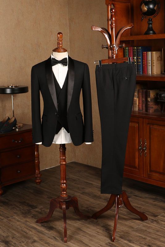 Buy All Black Three-pieces Custom Wedding Suit For Grooms for men from stylesnuggle. Huge collection of Shawl Lapel Single Breasted Men Suit sets at low offer price &amp; discounts, free shipping &amp; custom made. Order Now.