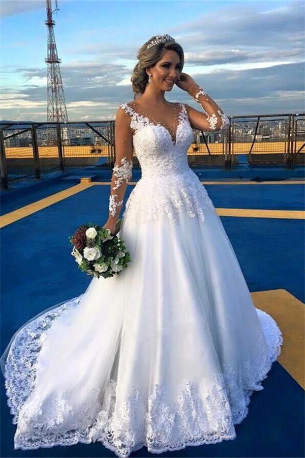 AmazingLace Sweep Train Bridal Gown Long Sleeves Tulle Wedding Dresses-stylesnuggle