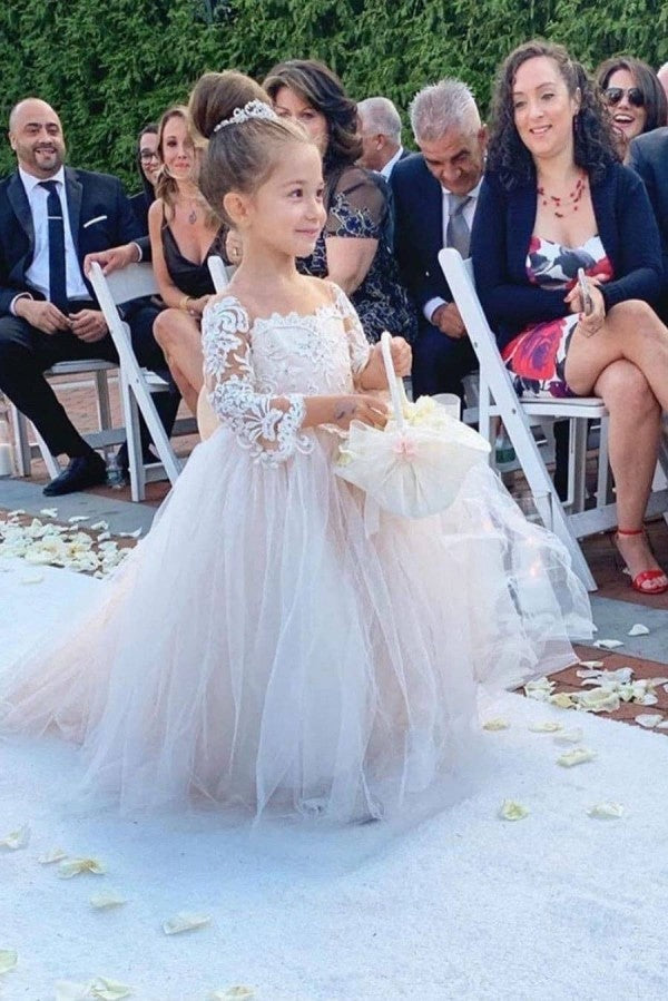 Ball Gown Long Sleeve Strapless Floor Length Tulle Applique With Back Bow Flower Girl Dress-stylesnuggle