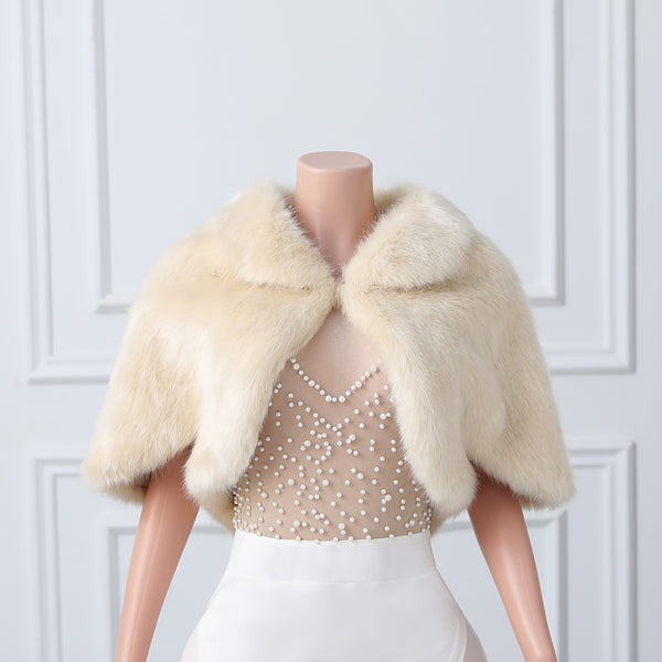 Beige Mid-length Butterfly Sleeve Faux Fur Coat with Lapel Collar-stylesnuggle