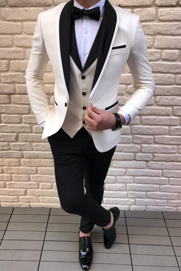 This Black-and-white Shawl Lapel Wedding Suits Tuxedos with Waistcoat at stylesnuggle comes in all sizes for prom, wedding and business. Shop an amazing selection of Shawl Lapel Single Breasted Black & White mens suits in cheap price.