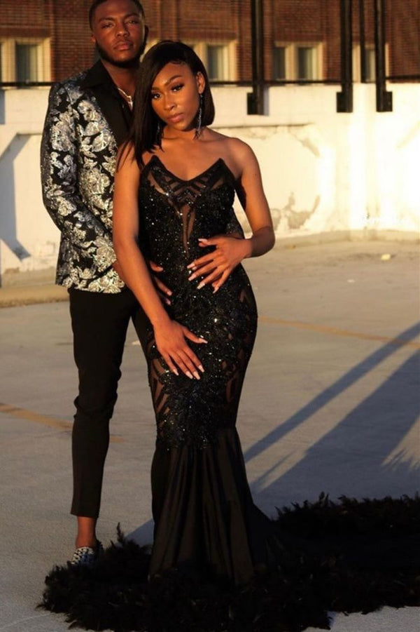 Looking for Prom Dresses, Evening Dresses in Stretch Satin,  Mermaid style,  and Gorgeous Feathers work? stylesnuggle has all covered on this elegant Black Chic Mermaid Prom Party GownsSweetheart Sequined Evening Dress.