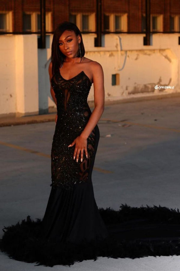 Looking for Prom Dresses, Evening Dresses in Stretch Satin,  Mermaid style,  and Gorgeous Feathers work? stylesnuggle has all covered on this elegant Black Chic Mermaid Prom Party GownsSweetheart Sequined Evening Dress.