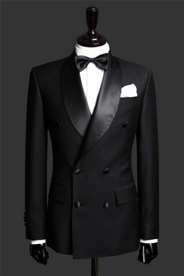stylesnuggle made this Black Double Breast Wedding Suits Tuxedos, Satin Lapel Two-pieces(Jacket pants) for wedding/prom with rush order service. Discover the design of this Black Solid Shawl Lapel Double Breasted mens suits cheap for prom, wedding or formal business occasion.