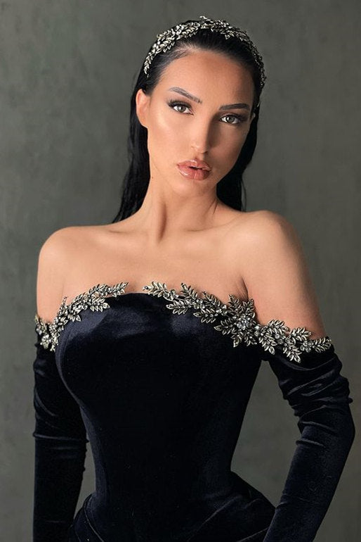 Black High-split Velvet Off-the-shoulder Mermaid Prom Dress-stylesnuggle