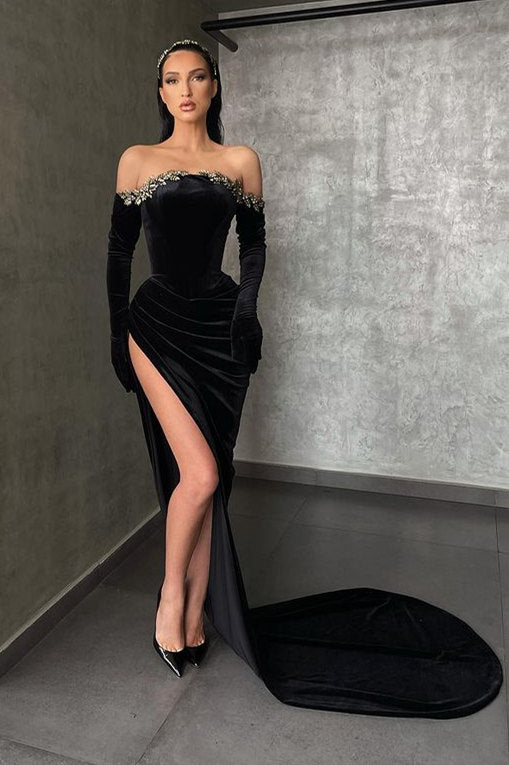 Black High-split Velvet Off-the-shoulder Mermaid Prom Dress-stylesnuggle
