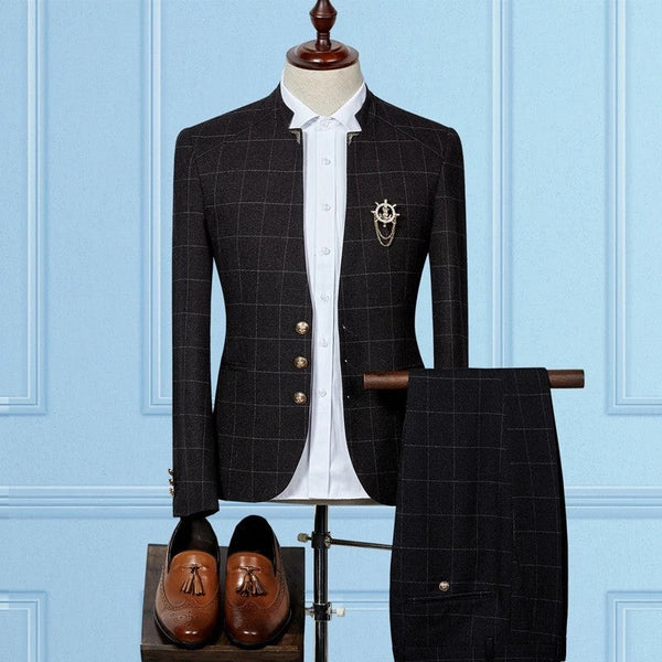 Black Slim Sit Plaid Classic Two Pieces Men Suits Online-stylesnuggle