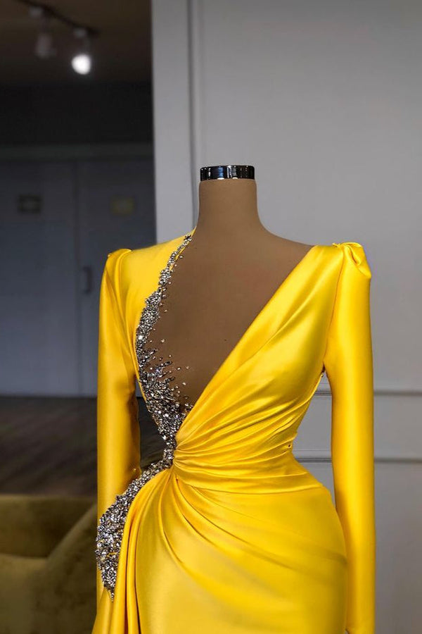 Bright Yellow V-neck Metallic Sequin Long sleeves Prom Dress-stylesnuggle