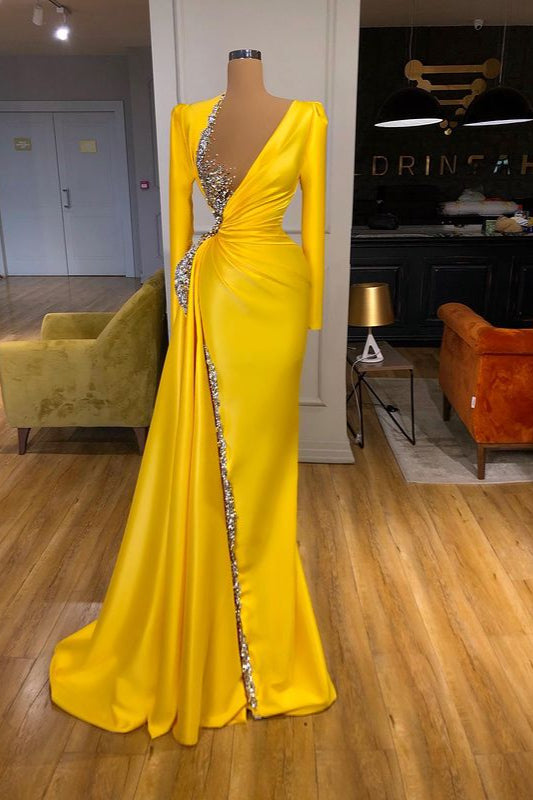 Bright Yellow V-neck Metallic Sequin Long sleeves Prom Dress-stylesnuggle