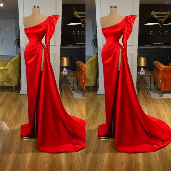 Bubble Sleeve One-shoulder Red High-split Long Evening Dress-stylesnuggle