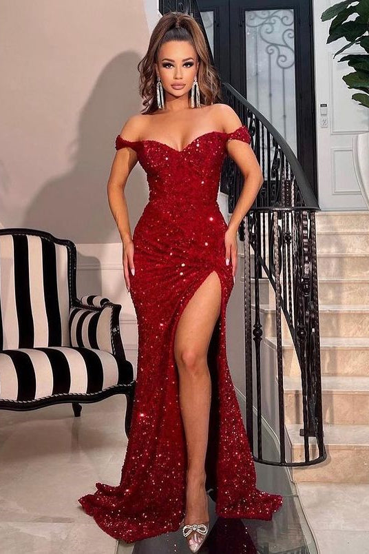 Burgundy Off-the-Shoulder Sequins Prom Dress Mermaid Long Slit-stylesnuggle