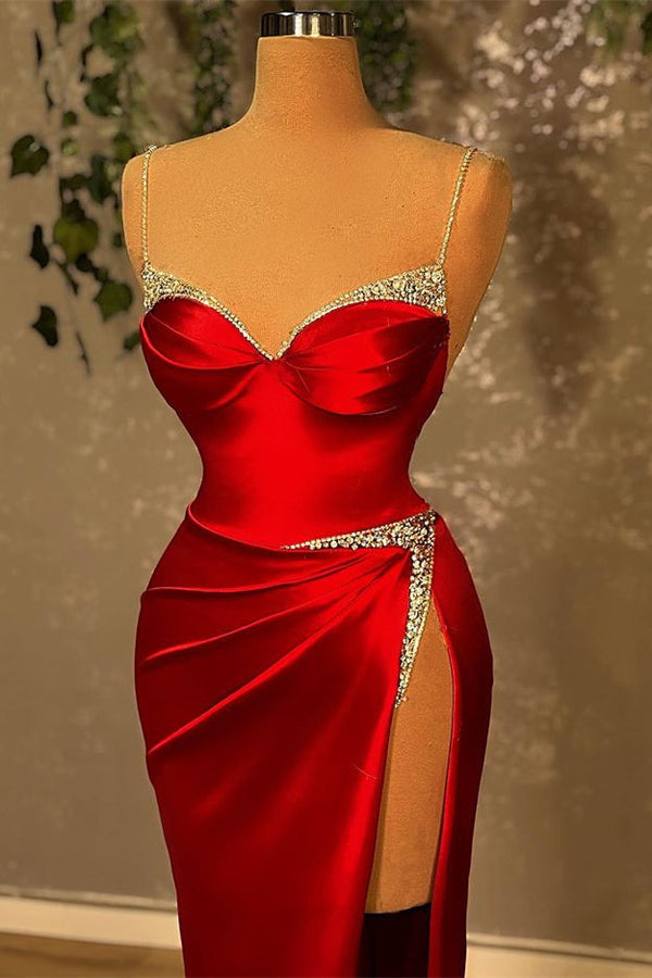 Burgundy Spaghetti-Straps Mermaid Evening Dress Sleeveless With Slit Beads-stylesnuggle