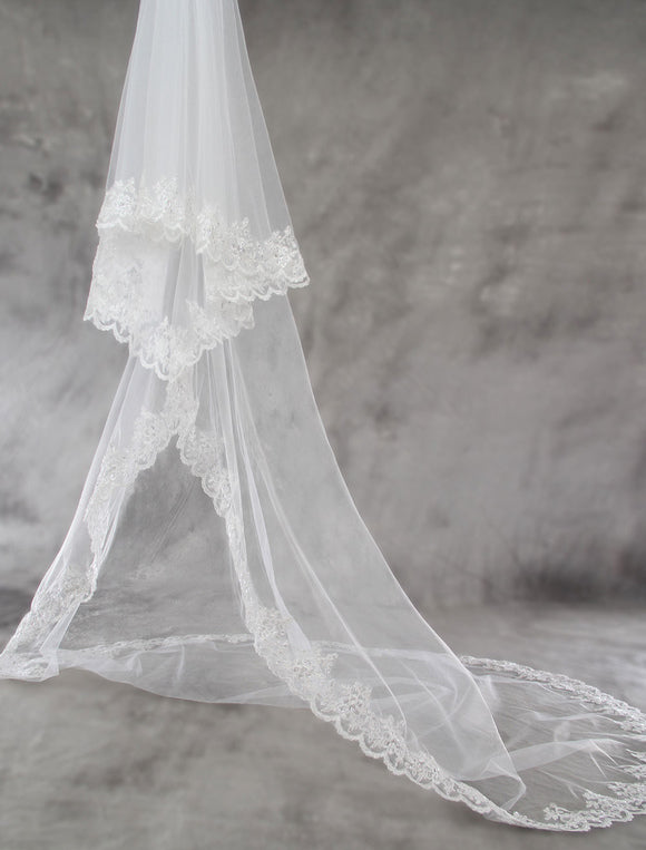 Cathedral White Lace Applique Edge Tulle Wedding Veil-stylesnuggle
