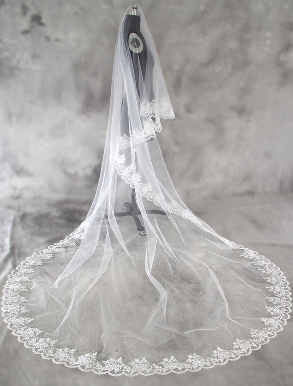 Cathedral White Lace Applique Edge Tulle Wedding Veil-stylesnuggle