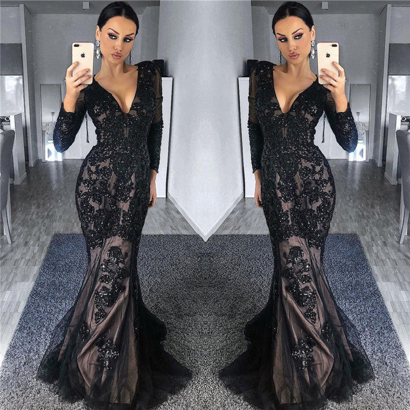 Wanna Prom Dresses, Evening Dresses in Tulle,  Mermaid style,  and delicate Appliques work? stylesnuggle has all covered on this elegant Charming Black Tulle Nude Lining Evening Dresses with Sleeves Elegant Long Sleeves Beads Appliques Prom Dresses yet cheap price.