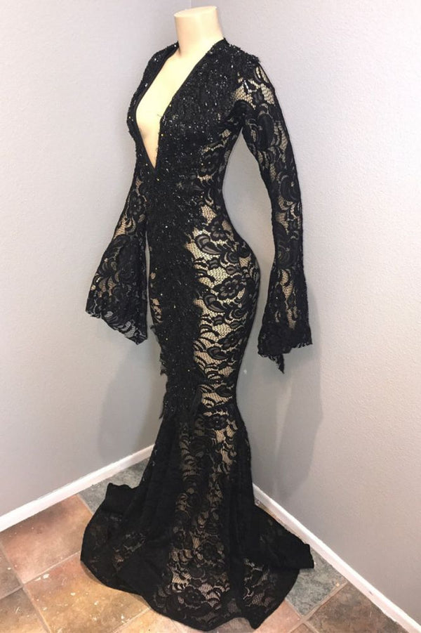 stylesnuggle offers new Chic Black Lace V-neck Long Sleevess Mermaid Prom Dresses Sheer Floor Length Evening Gowns at cheap prices. It is a gorgeous Mermaid Prom Dresses, Evening Dresses in Lace,  which meets all your requirement.