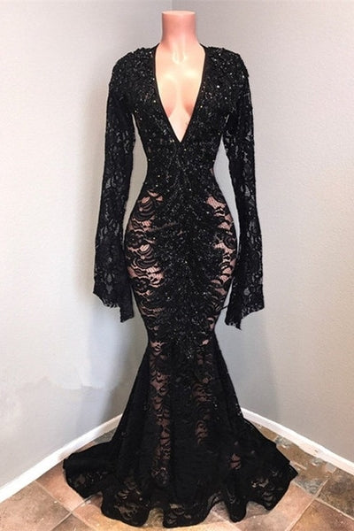 stylesnuggle offers new Chic Black Lace V-neck Long Sleevess Mermaid Prom Dresses Sheer Floor Length Evening Gowns at cheap prices. It is a gorgeous Mermaid Prom Dresses, Evening Dresses in Lace,  which meets all your requirement.