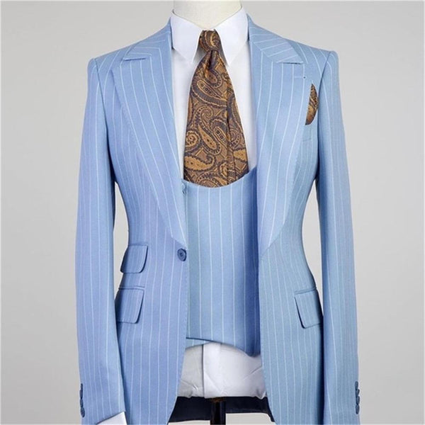 Chic Blue Stripe Peaked Lapel Three Pieces Men Suits-stylesnuggle