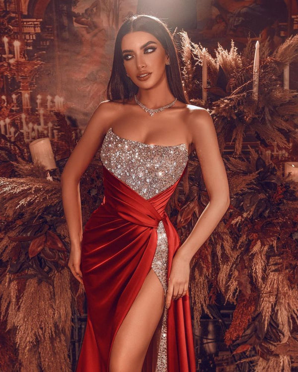stylesnuggle offers Chic Strapless Glitter Sequins Cristals Evening Gown with Side Slit at a good price from Stretch Satin to Mermaid Floor-length hem. Gorgeous yet affordable Sleeveless Prom Dresses, Evening Dresses.