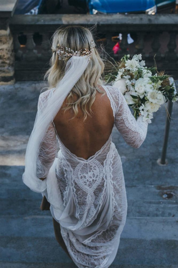 Wanna get a dress in 30D Chiffon, A-line style, and delicate Lace work? stylesnuggle custom made you this Classic Beach Long Sleevess Backless Lace Beach Wedding Dress Simple Summer Casual Bridal Gowns Online at factory price.