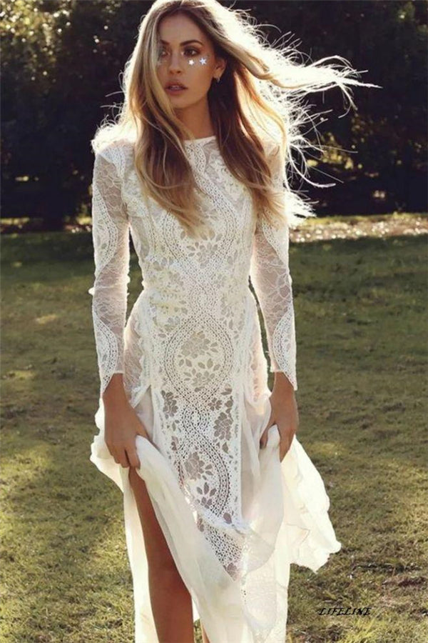 Classic Beach Long Sleevess Backless Lace Beach Wedding Dress Simple Summer Casual Bridal Gowns Online-stylesnuggle