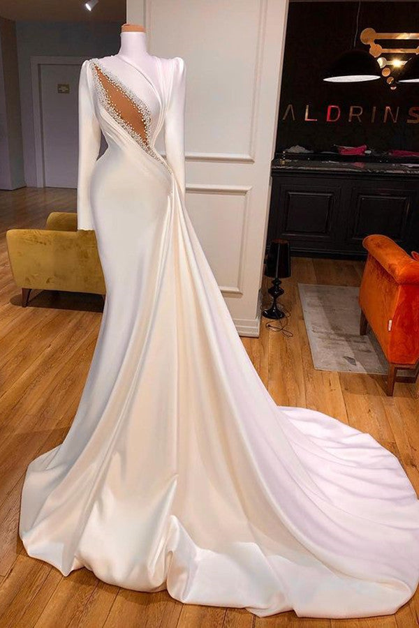 Classic High Neck Long Sleeves Mermaid Wedding Dress Ruffles With Crystals-stylesnuggle