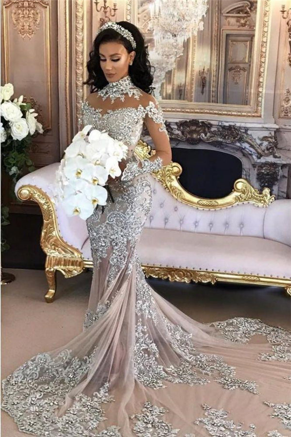 Classic High neck Long Sleevess Mermaid Wedding Dress Silver Tulle Bridal Gowns with Lace Appliques-stylesnuggle