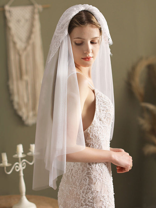 Classic Ivory Two-Tier Lace Tulle Cut Edge Wedding Veils-stylesnuggle