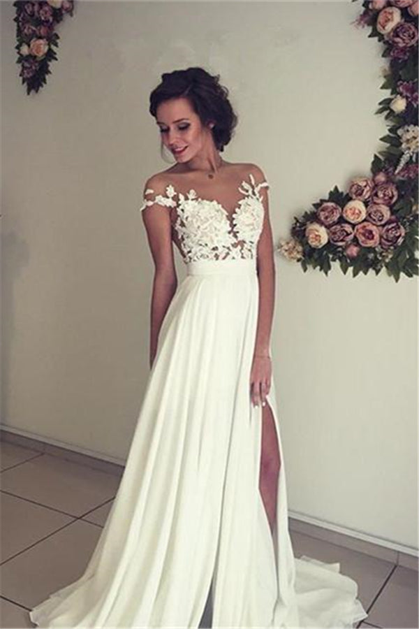 Classic Lace Appliques Wedding Dress Long Chiffon Split-stylesnuggle