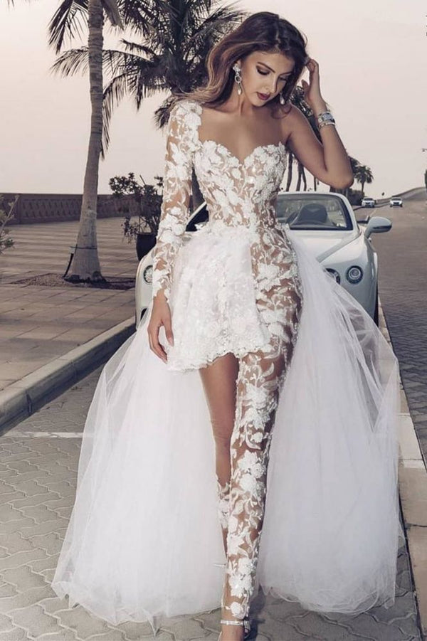 stylesnuggle.com supplies you Classic Lace Jumpsuit Asymmetirc See-through Overskirt White Wedding Dress online at an affordable price from Lace to Column Ankle-length skirts. Shop for Amazing Long Sleeves wedding collections for your big day.