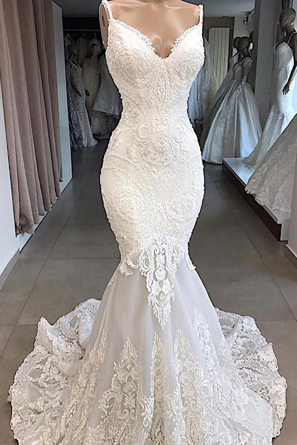 stylesnuggle.com supplies you Spaghetti Strap V-neck Mermaid Open Back Wedding Dress with Chapel Train online at an affordable price. Shop for the most popular dress now.