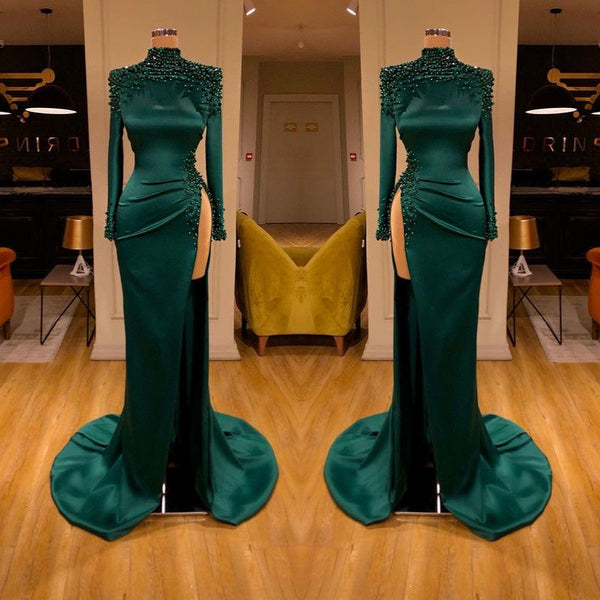 Dark Green Beadings Pearl Long Sleeves Evening Gowns Mermaid Prom Dress With Slit-stylesnuggle