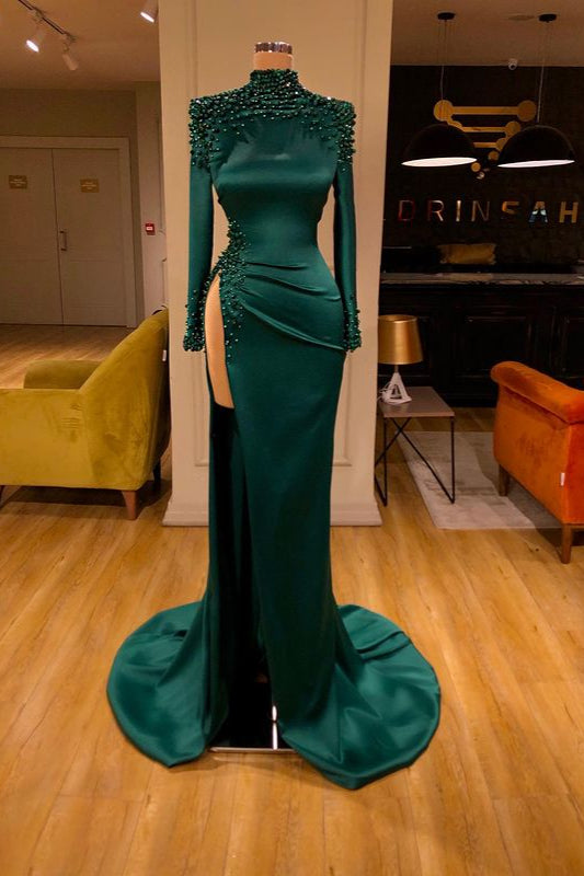 Dark Green Beadings Pearl Long Sleeves Evening Gowns Mermaid Prom Dress With Slit-stylesnuggle