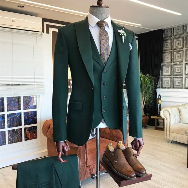 Dark Green Bespoke Peaked Lapel Three Pieces Men Suits-stylesnuggle