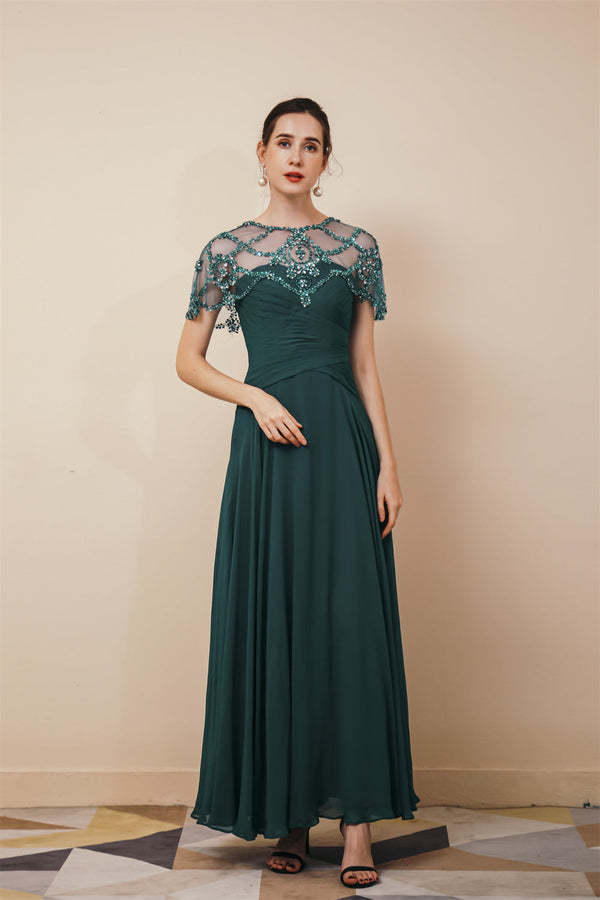 Dark green Chiffon Sparkle Beaded Evening Dress with Cape-stylesnuggle