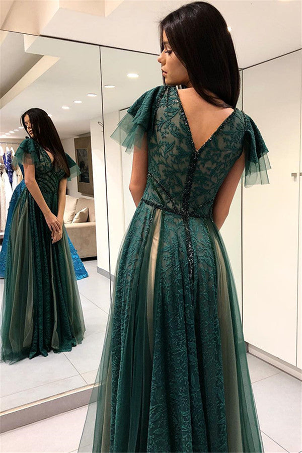 Wanna Prom Dresses, Evening Dresses in A-line style,  and delicate Lace work? stylesnuggle has all covered on this elegant Dark Green Princess Short Sleeves Long Prom Dresses V-Neck Lace Evening Dresses with Soft Pleats yet cheap price.