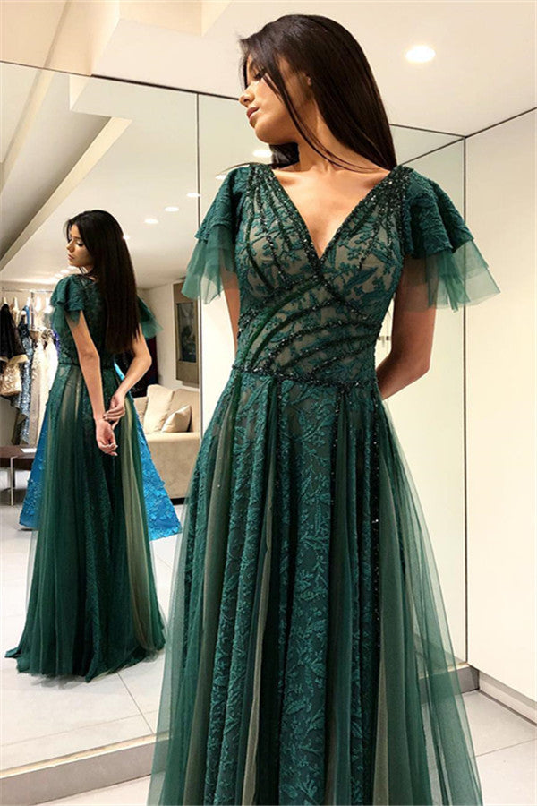 Wanna Prom Dresses, Evening Dresses in A-line style,  and delicate Lace work? stylesnuggle has all covered on this elegant Dark Green Princess Short Sleeves Long Prom Dresses V-Neck Lace Evening Dresses with Soft Pleats yet cheap price.