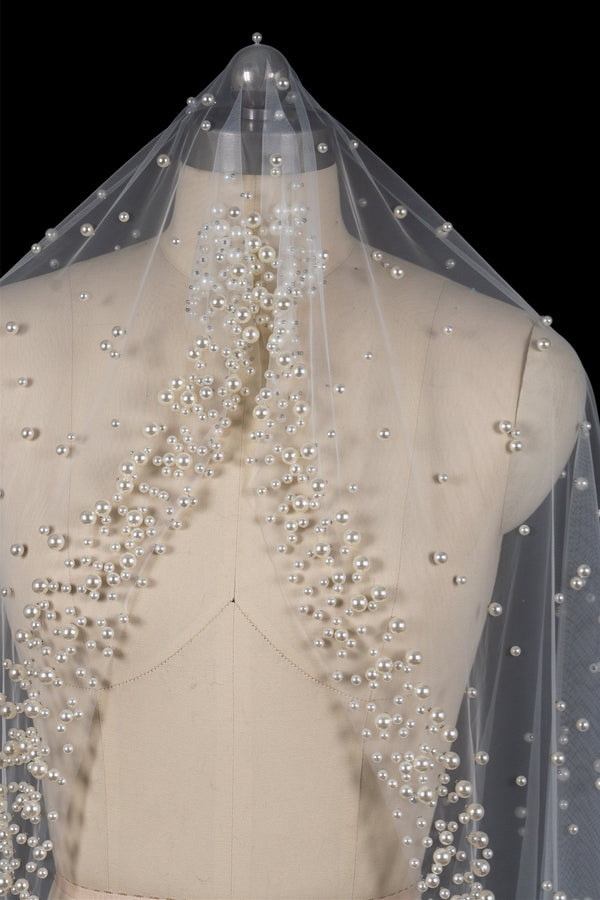 Deirdre Simple Long Tulle With Pearls Wedding Veils-stylesnuggle