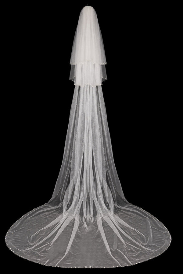 Dominic Elegant Long Tulle With Pearls Wedding Veils-stylesnuggle