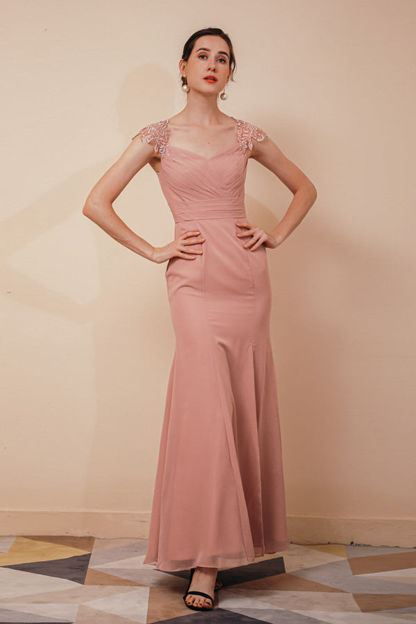 Dusty Pink Cap sleeves Chiffon Column Evening Dress-stylesnuggle