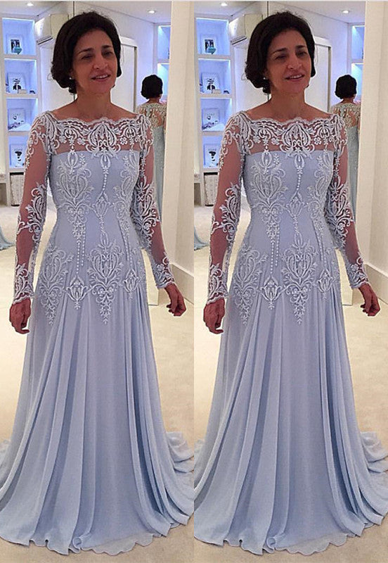 stylesnuggle offers Elegant A-line Lace Long-Sleeve Mother-the-bride Dress at a cheap price from Lace,  100D Chiffon to A-line Floor-length hem.. Gorgeous yet affordable Long Sleevess evening gowns online.
